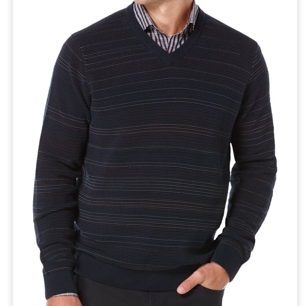 NWT Perry Ellis Men's Size XXL Blue Textured Striped Long Sleeve V-Neck Sweater